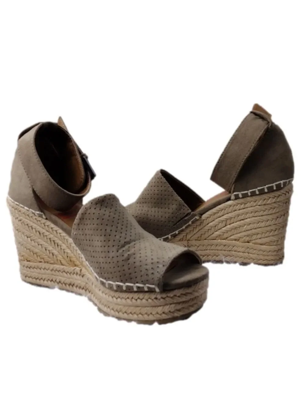 Jellypop Taupe Faux Suede Ankle Buckle Strap Wedge Heeled Espadrille Sandal Shoe